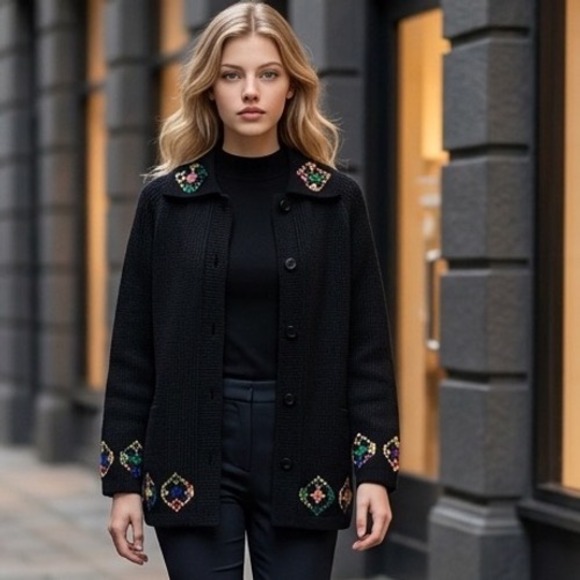Dorce for Le Roy Knitwear Sweaters - Vintage Dorce for Le Roy Knitwear Black 100% Wool Embroidered Cardigan Sweater M